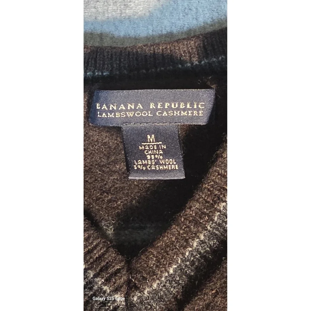 Banana Republic Men's Stripe V-Neck Lambswool Cashmere Sweater Blue Size M